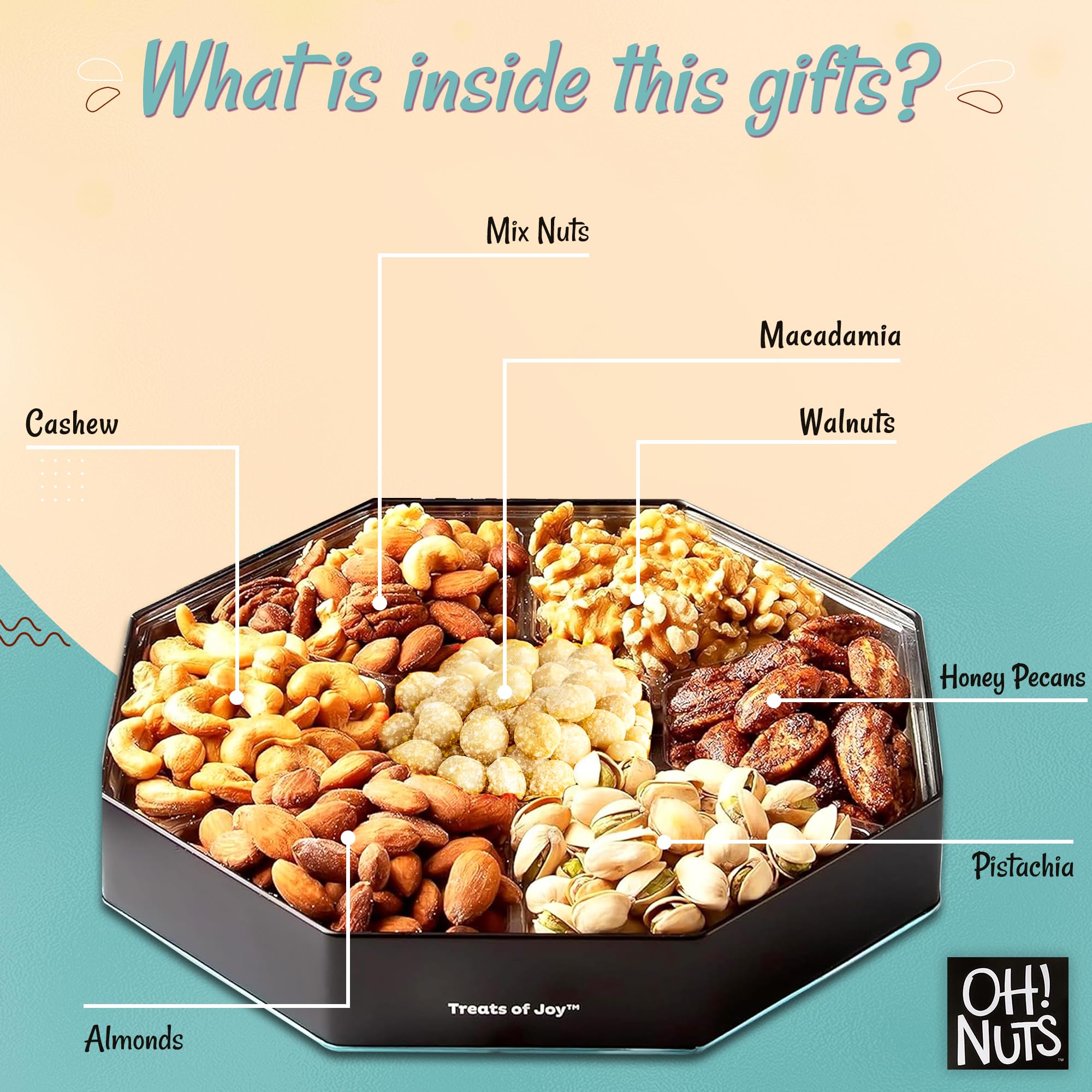 Oh! Nuts 7 Section Nuts Gift Basket - Gourmet Assorted Macadamia Nut Gifts Baskets - Healthy Nuts Gift Hexagon Metal Tin Box - Premium Food Gift for Holiday, Movie Night, Corporate, Men & Women - Image 7