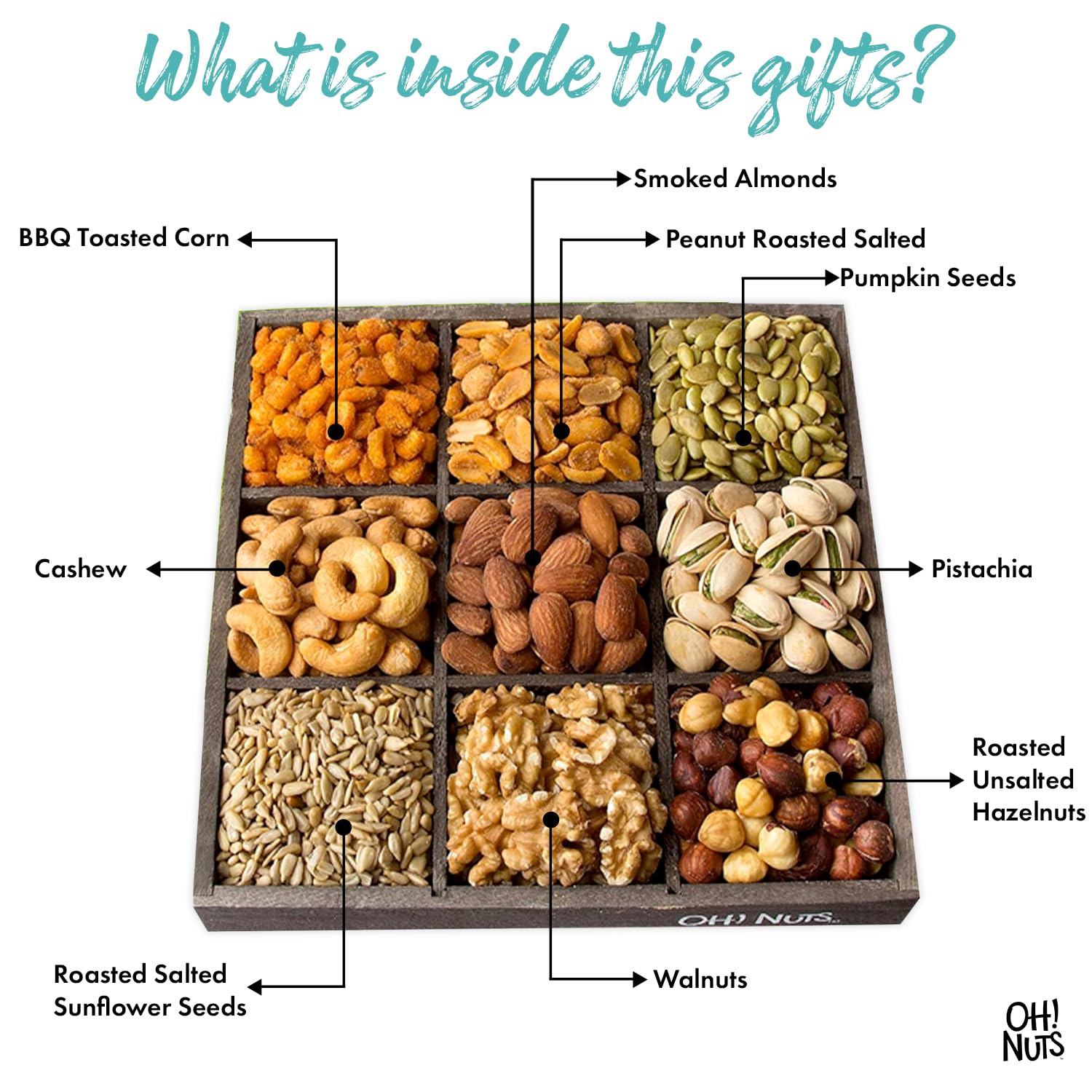 Oh! Nuts 9 Variety Nuts Gift Basket - Healthy Gift Baskets - Gourmet Assorted Nuts Tray - Gift Box for Holiday, Movie Night, Corporate, Families - Gift Ideas for Men and Women - Image 3
